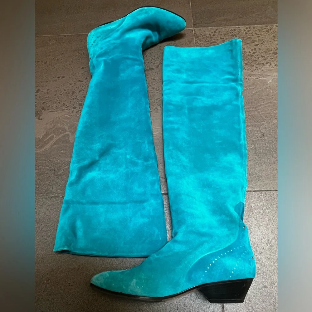 Vintage Neiman Marcus Teal Suede Knee Length Boots Size 37.5
